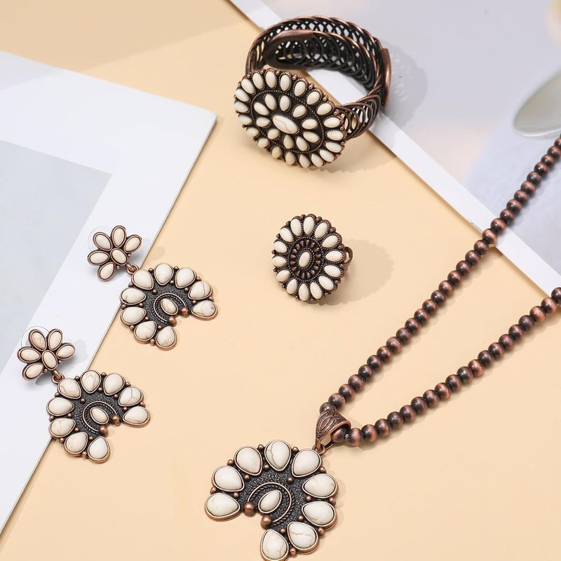 JMScape 4 PCS Western Turquoise Jewelry for Women Boho Vintage Navajo Pearl Necklace Earring Bracelet Ring Set Country Cowgirl Accessories for Gift - Image 3